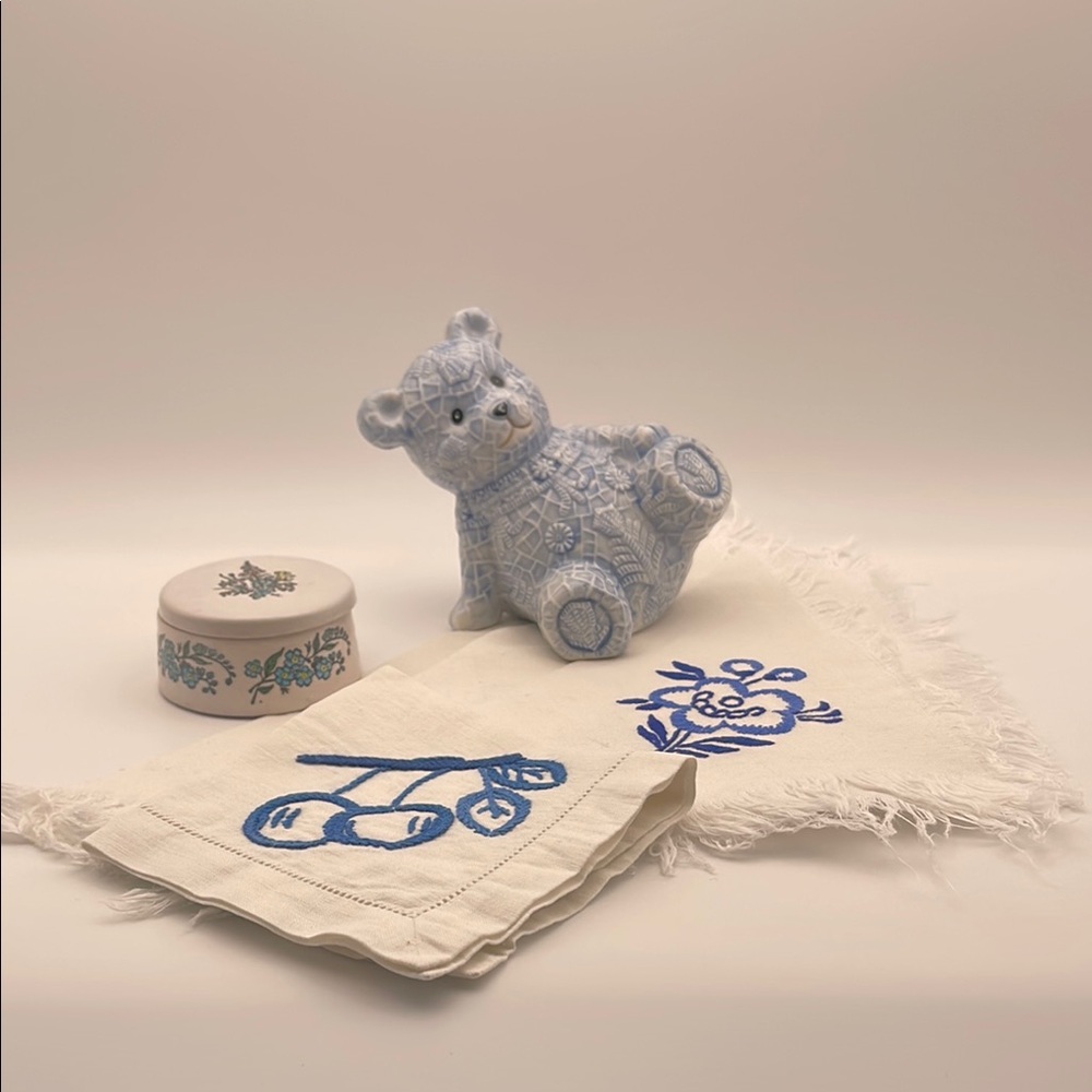Vintage Curated Blue and White Ceramic Bear with Embroidered Hankies Trinket Box